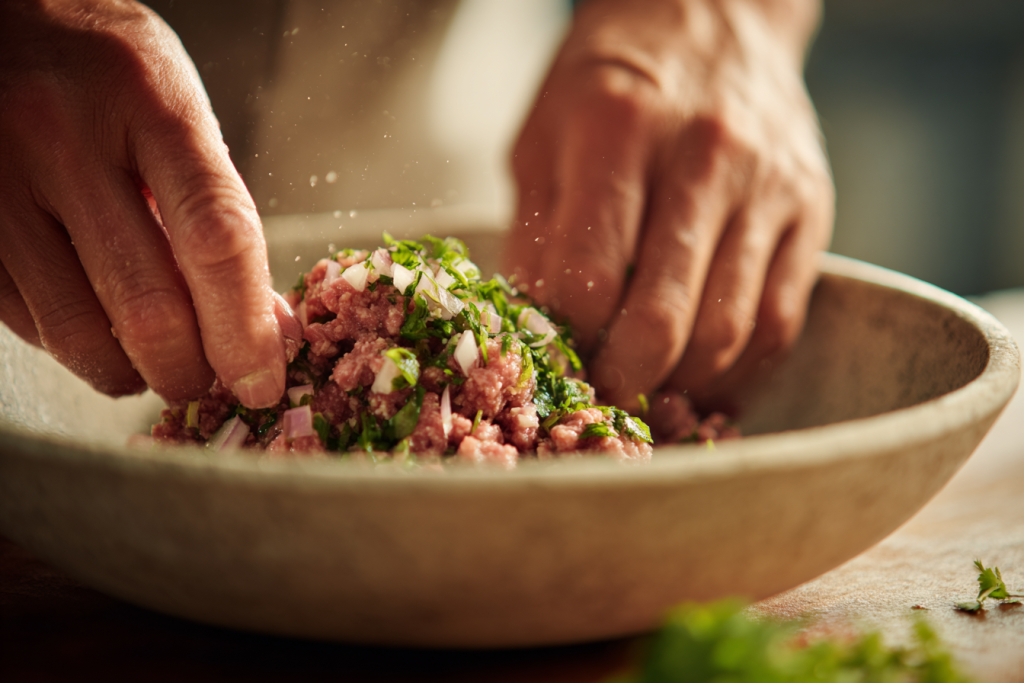 Hands mixing meatloaf ingredients in a large stoneware bowl.