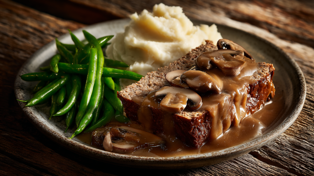 Meatloaf dinner plate with mushroom gravy, mashed potatoes, and green beans.