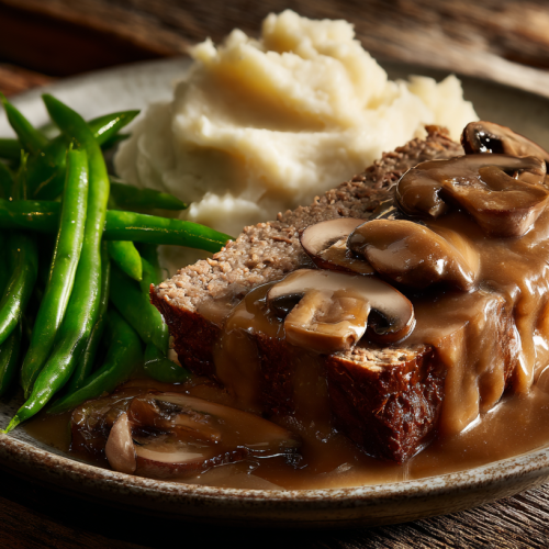 Meatloaf dinner plate with mushroom gravy, mashed potatoes, and green beans.
