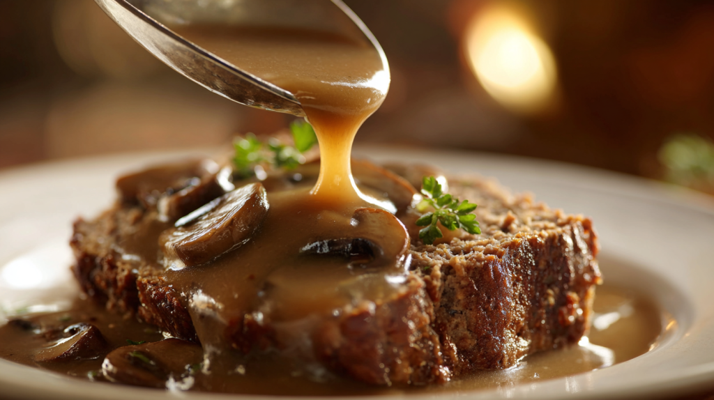 Ladle pouring mushroom gravy over a slice of meatloaf.