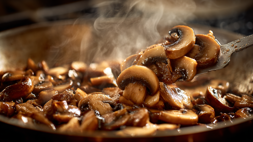 Mushrooms sautéing in beef drippings in a cast iron skillet.