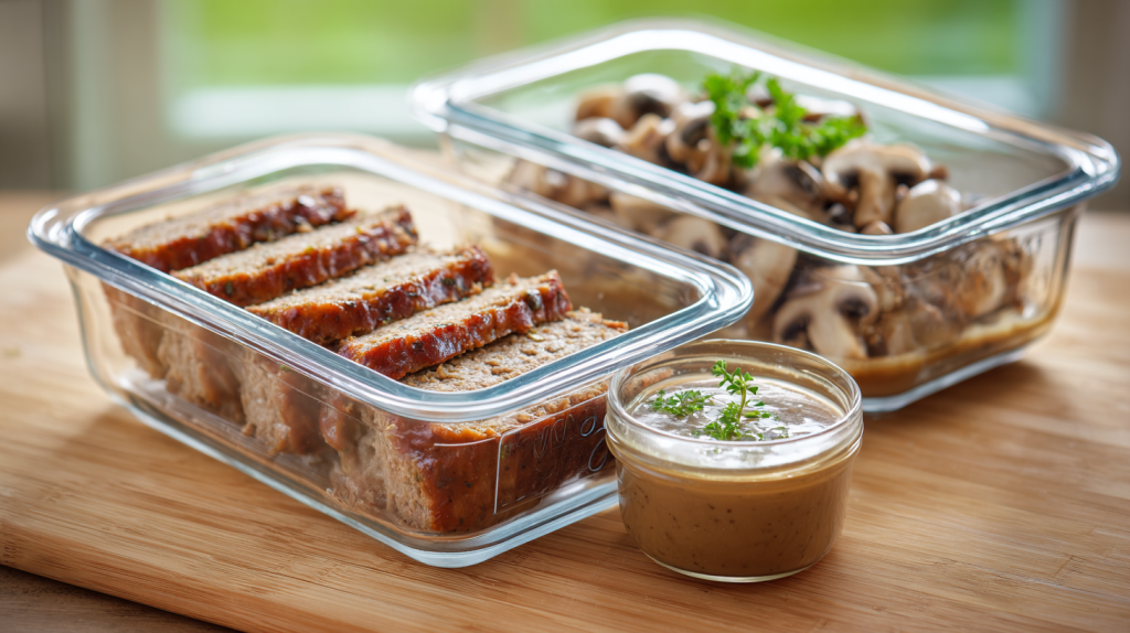 Leftover meatloaf and gravy stored in airtight glass containers.