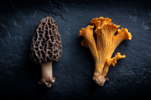 A morel mushroom and a chanterelle mushroom, two popular wild edibles.