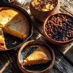 A rustic wooden table featuring several old-time Depression recipes, including a cast-iron skillet of cornbread and a bowl of soup beans.