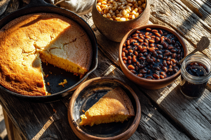 A rustic wooden table featuring several old-time Depression recipes, including a cast-iron skillet of cornbread and a bowl of soup beans.