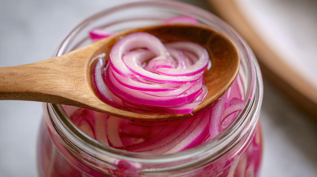 Packing sliced red onions firmly into a mason jar for quick pickling