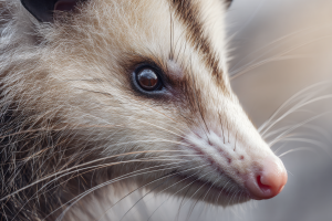 A close-up profile of a possum's face, showing its white fur, black eyes, and long whiskers.