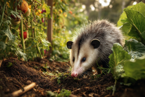 A possum foraging on the ground in a vegetable garden, sniffing near fallen leaves.