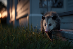 An adult possum walking through a grassy yard near a white wooden porch step at dusk.