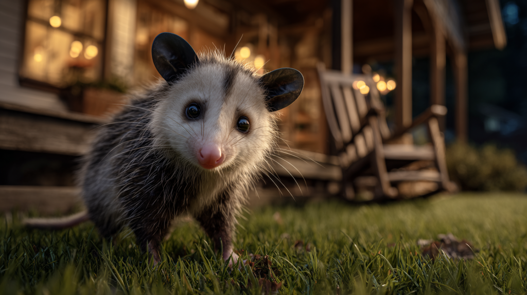 A possum looking at the camera from the edge of a well-lit, warm Southern porch.