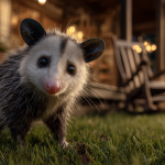 A possum looking at the camera from the edge of a well-lit, warm Southern porch.