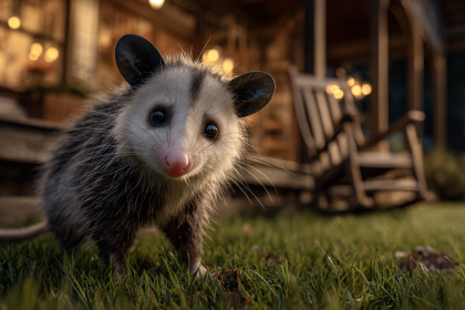 A possum looking at the camera from the edge of a well-lit, warm Southern porch.