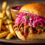 Gourmet pulled pork sandwich topped with pickled red onions, southern cooking