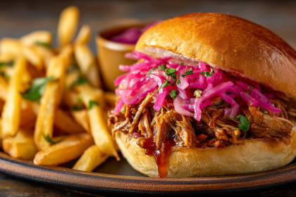 Gourmet pulled pork sandwich topped with pickled red onions, southern cooking