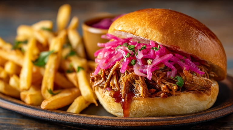 Gourmet pulled pork sandwich topped with pickled red onions, southern cooking