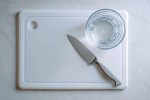 A clean, non-porous cutting board with a sharp kitchen knife and bowl, ready for safely preparing raw possum meat.