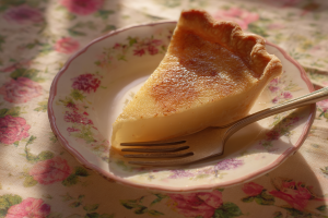 A single, perfect slice of old-fashioned Vinegar Pie on a vintage plate, showing its silky, translucent custard-like filling.
