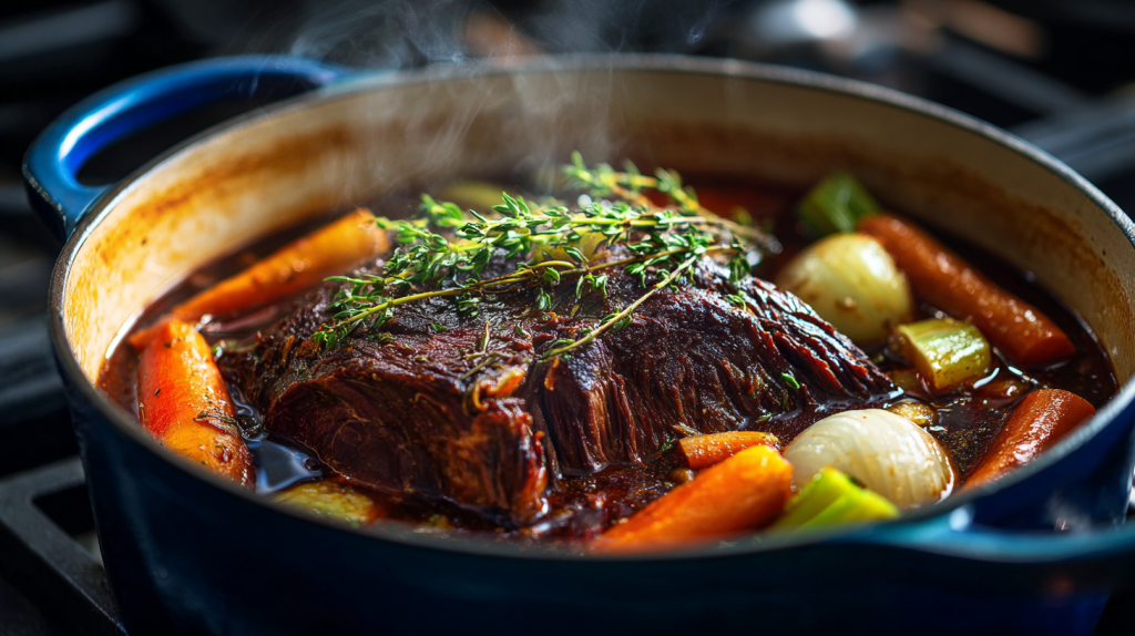 A tender chuck roast braising in a dutch oven with carrots and onions.