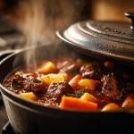 A rich, hearty possum stew with potatoes and carrots simmering in a rustic, black cast-iron pot on a stovetop.