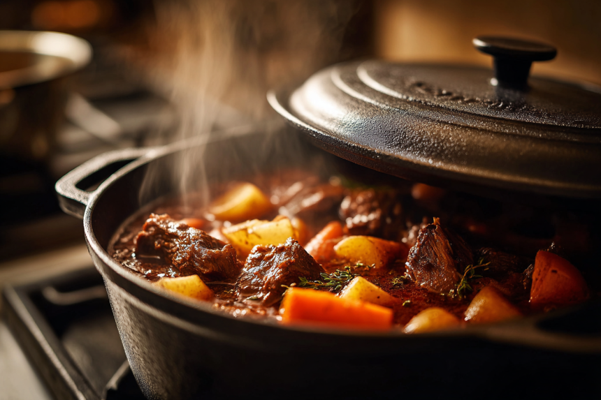A rich, hearty possum stew with potatoes and carrots simmering in a rustic, black cast-iron pot on a stovetop.