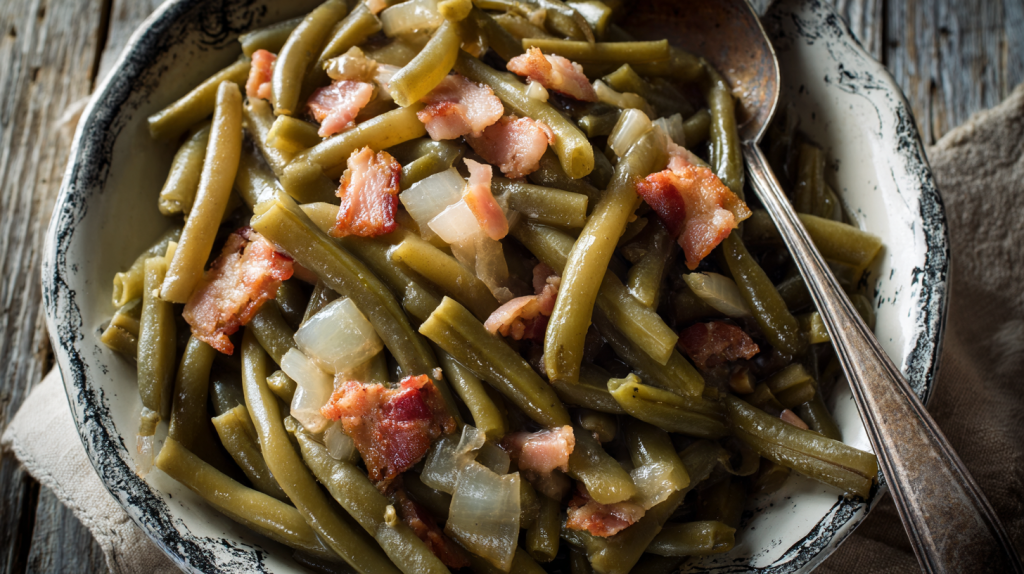 A pot of slow-simmered southern green beans with visible pieces of bacon and onion.