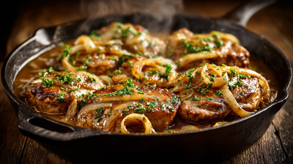 Bone-in pork chops simmering in a rich brown onion gravy in a cast iron skillet.