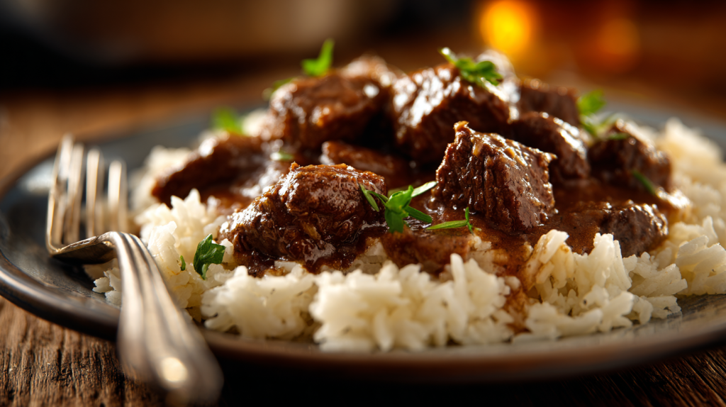 Tender beef tips and rich brown gravy ladled over fluffy white rice.