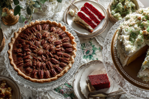 A Southern Christmas dessert table with pecan pie, red velvet cake, and pound cake.