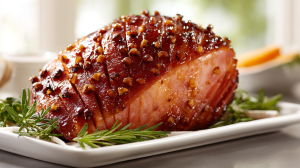 Close-up of a glazed spiral ham with cloves for Christmas in the south dinner.