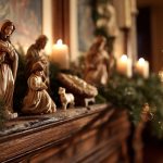 A beautiful nativity scene on a fireplace mantle, the glowing heart of Christmas traditions in the south.