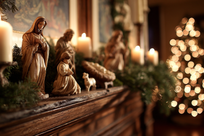 A beautiful nativity scene on a fireplace mantle, the glowing heart of Christmas traditions in the south.