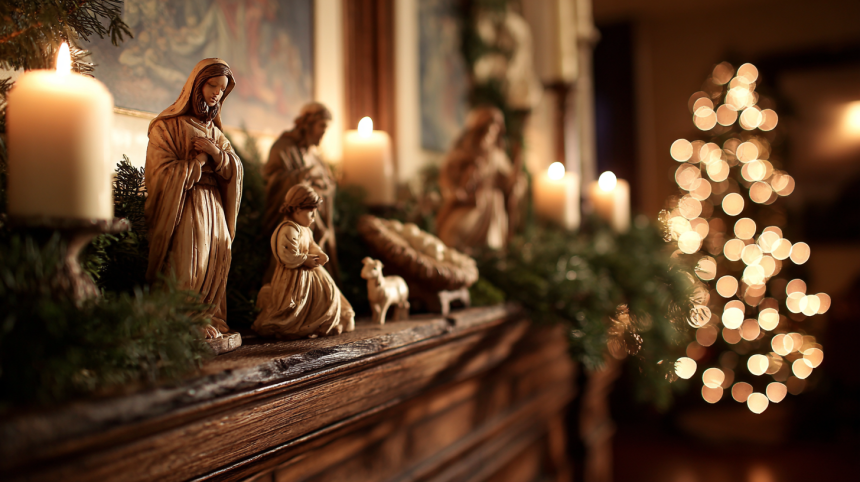 A beautiful nativity scene on a fireplace mantle, the glowing heart of Christmas traditions in the south.