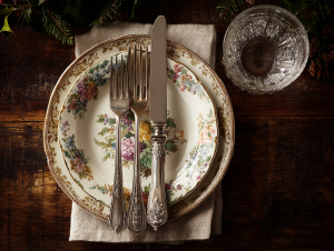 A single place setting with "good" china for a Southern Christmas dinner.