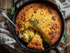 A cast-iron skillet of golden-brown Southern cornbread dressing.
