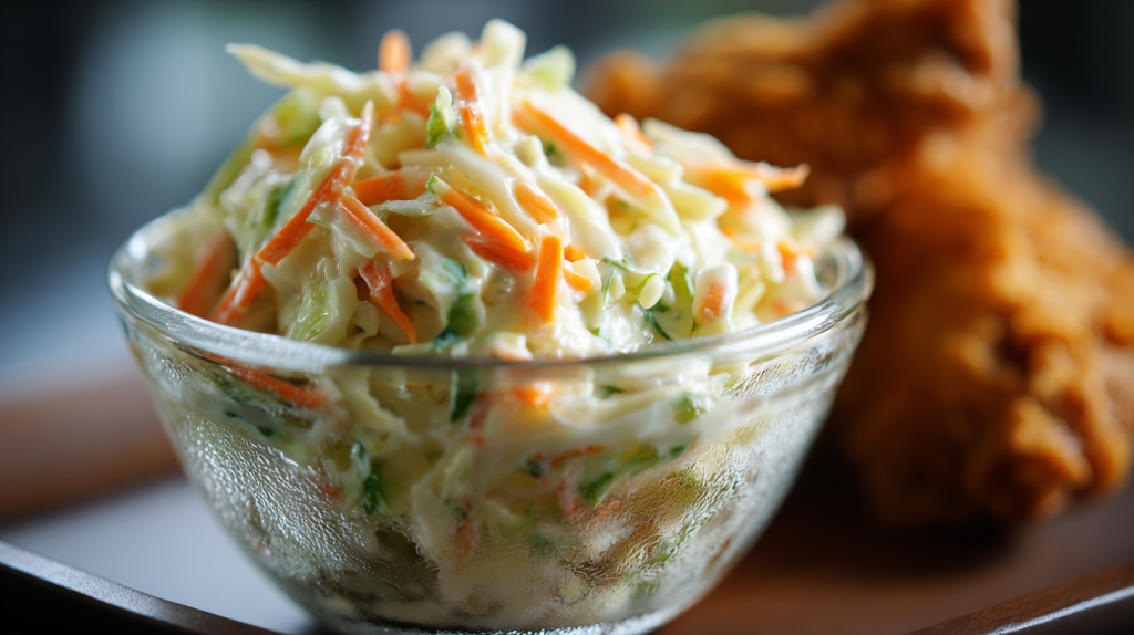 A small glass bowl of creamy coleslaw with shredded cabbage and carrots.