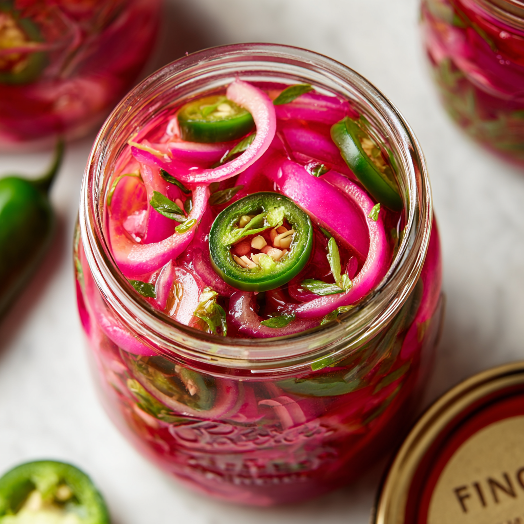 Spicy variation of the pickled red onions recipe with jalapeño slices
