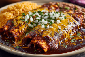 A classic plate of authentic Tex-Mex cheese enchiladas, smothered in dark red chili gravy and melted yellow cheese.