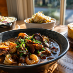 A beautiful collage representing The Many Souths: a bowl of gumbo, shrimp and grits, and a skillet of cornbread.