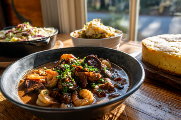 A beautiful collage representing The Many Souths: a bowl of gumbo, shrimp and grits, and a skillet of cornbread.
