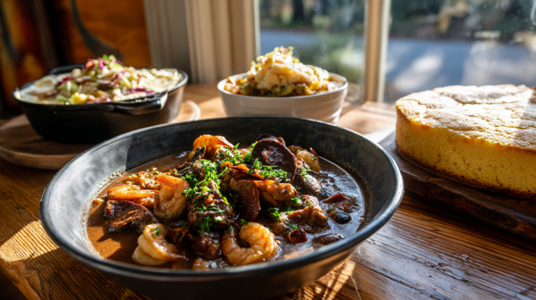A beautiful collage representing The Many Souths: a bowl of gumbo, shrimp and grits, and a skillet of cornbread.