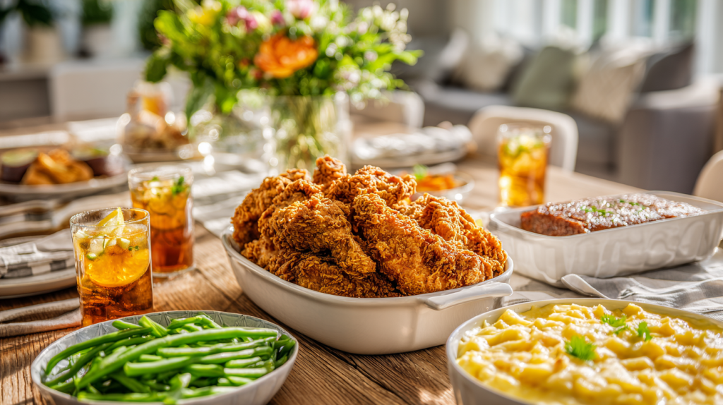 A bright and festive dining table filled with platters of golden fried chicken, creamy mac and cheese, and glazed meatloaf.