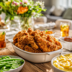 A bright and festive dining table filled with platters of golden fried chicken, creamy mac and cheese, and glazed meatloaf.