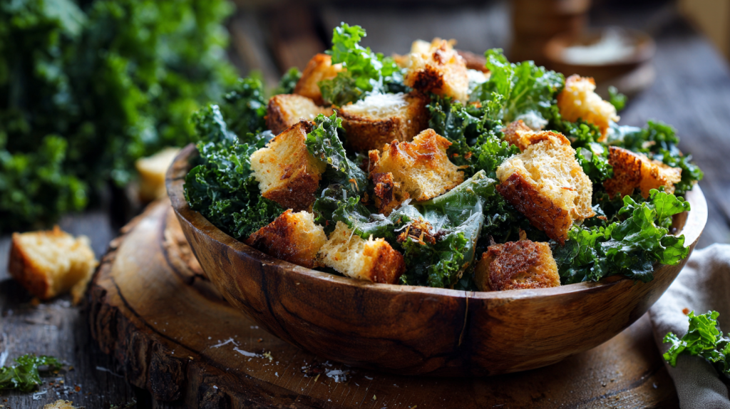Toasted biscuit croutons on a fresh green salad