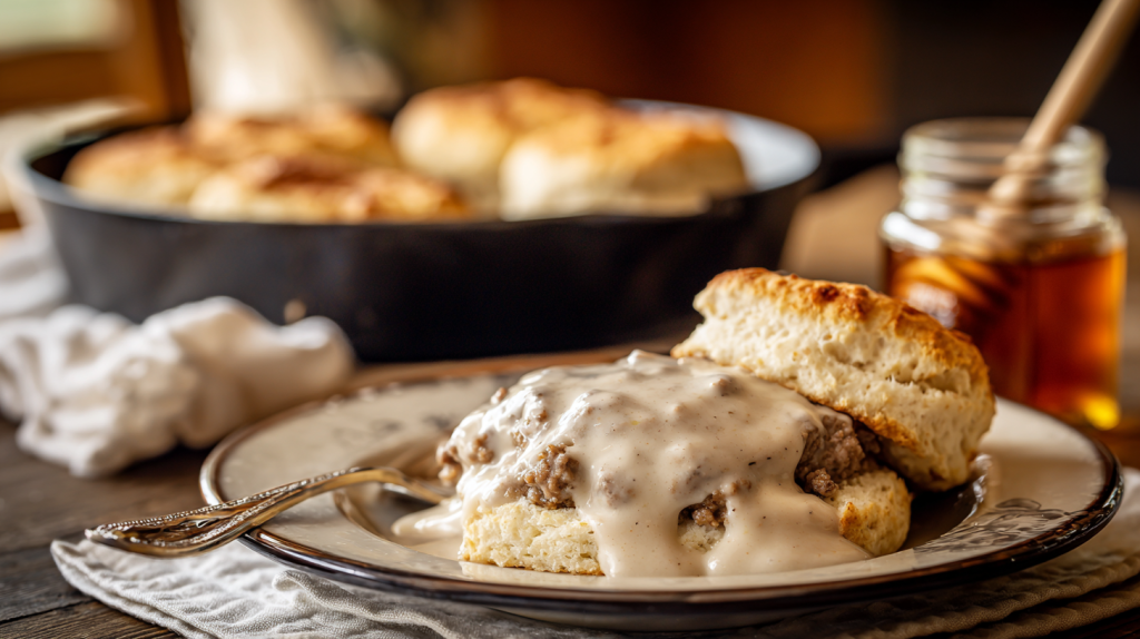Cathead Biscuit split open and topped with white sausage gravy
