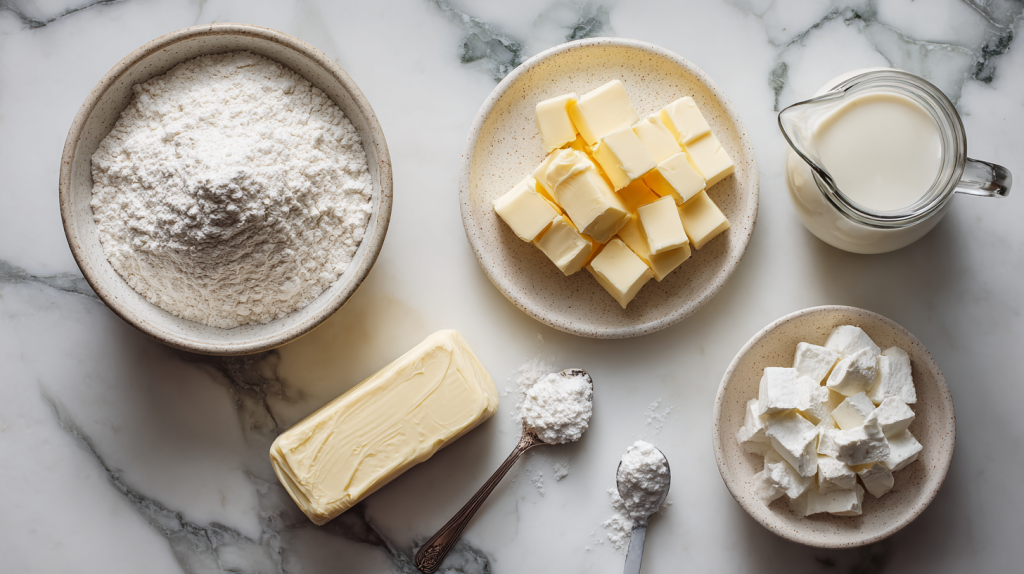  Ingredients for Southern biscuits including cold butter cubes and buttermilk 