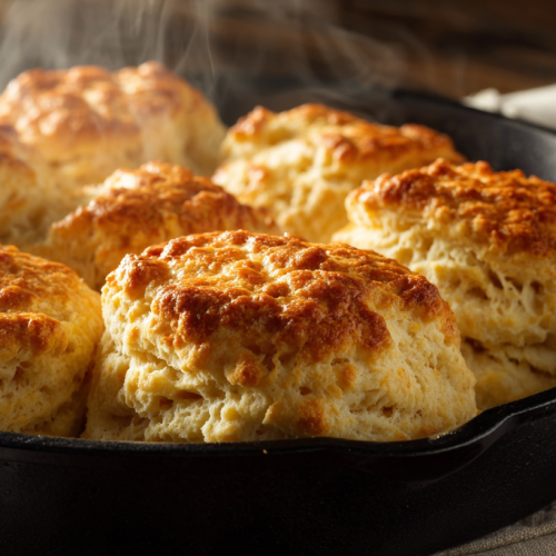 Giant fluffy Southern Cathead Biscuits in a cast iron skillet with golden butter tops