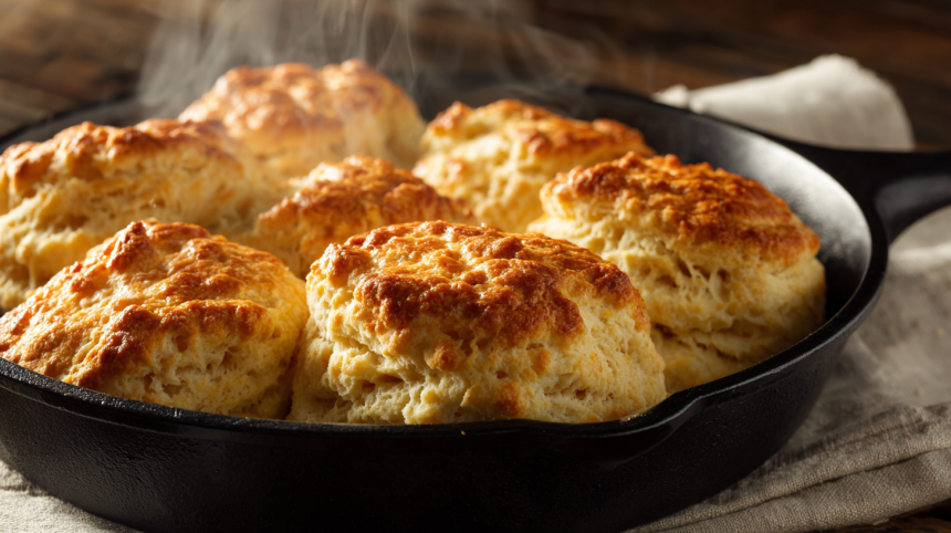 Giant fluffy Southern Cathead Biscuits in a cast iron skillet with golden butter tops