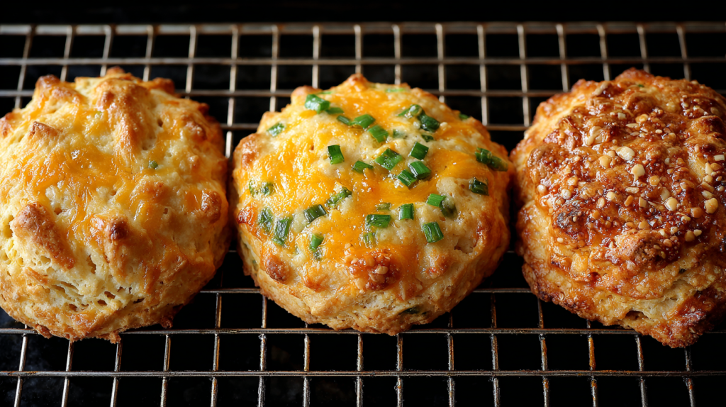 Three variations of Cathead Biscuits including cheddar chive and sweet glaze