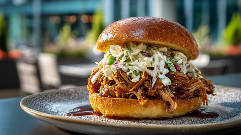 A gourmet pulled pork sandwich topped with easy coleslaw recipe on a modern ceramic plate