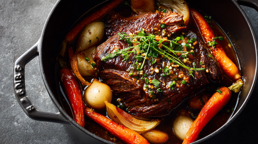 Best Dutch Oven Pot Roast in matte black cookware on concrete surface